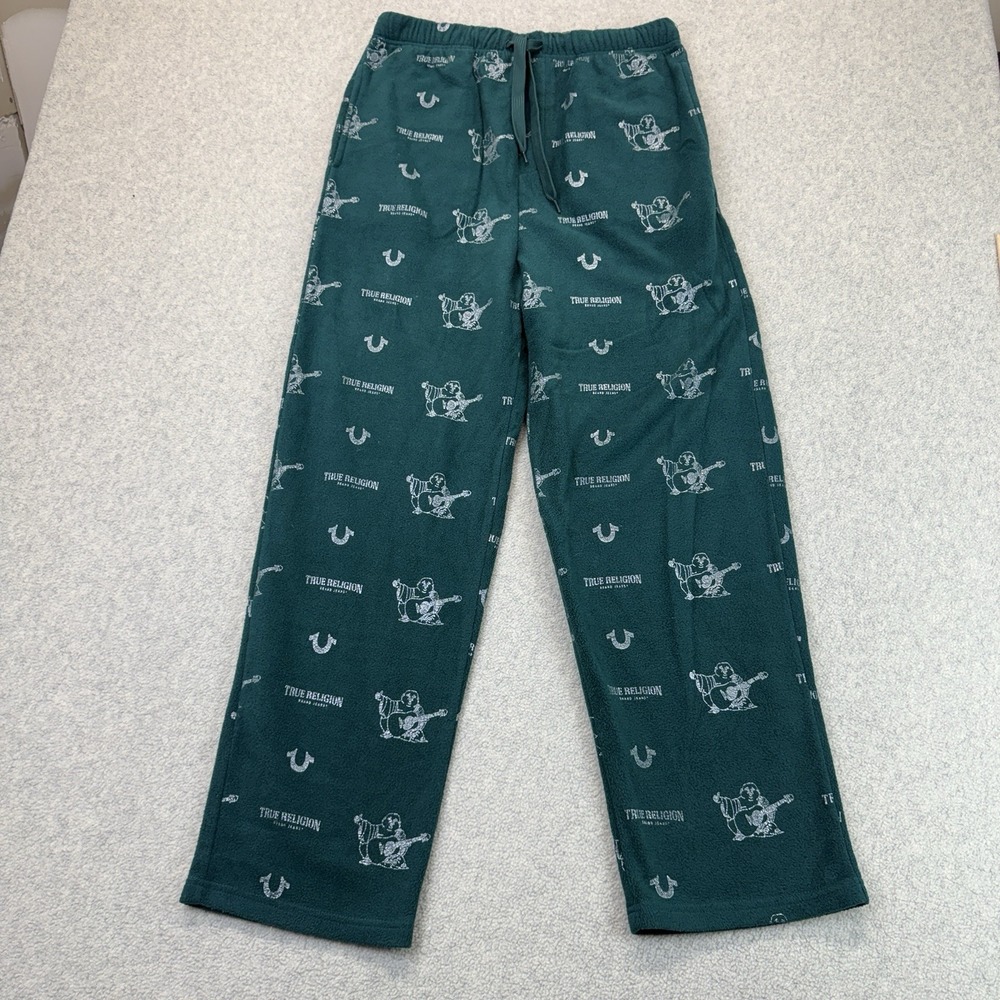 True Religion Men's Lounge Pants Green Buddha Logo Fleece Pajama Size Large